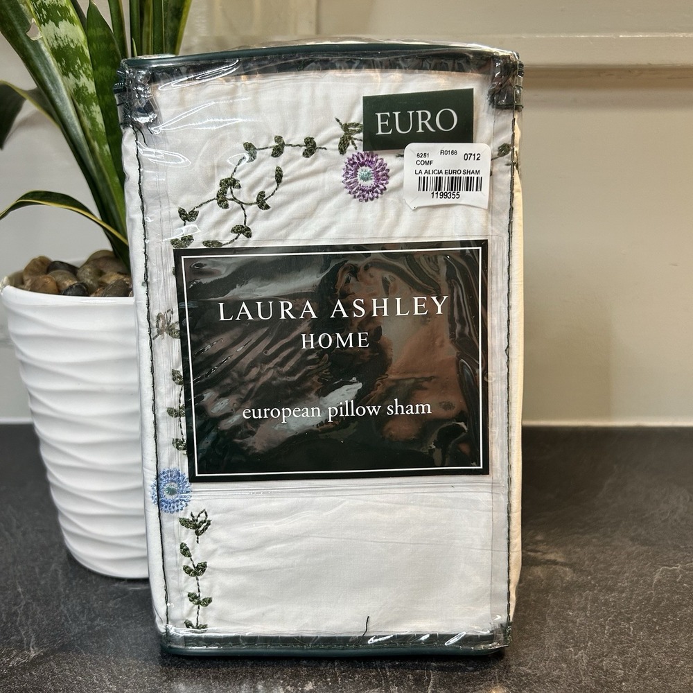 NEW Laura Ashley Embroidered Floral Blue, Purple Green 100% Cotton Euro Sham